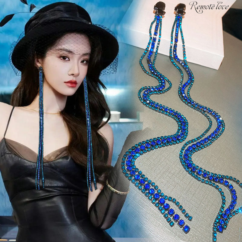 1 Pair Exaggerated Fashion Women Earrings Quality Alloy Inlay Rhinestones Long Tassel Earrings Best Birthday Gift E1646