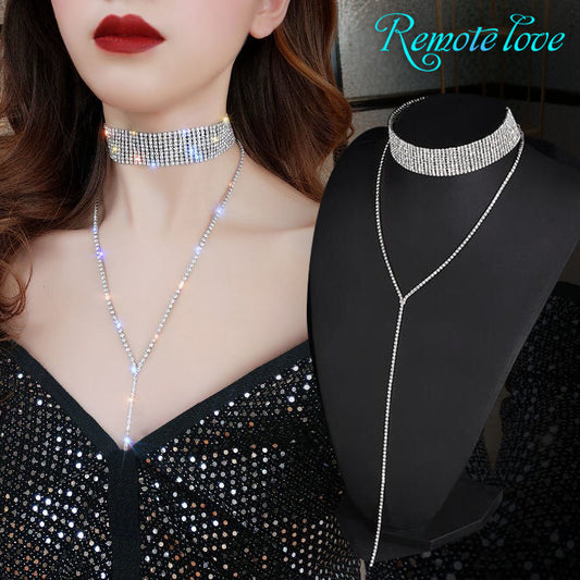 1 Piece Luxury Women Double-deck Necklace Quality Alloy Inlay Rhinestones Long tassel Clavicle Chain Fashion Jewellery Best Birthday Gift N152