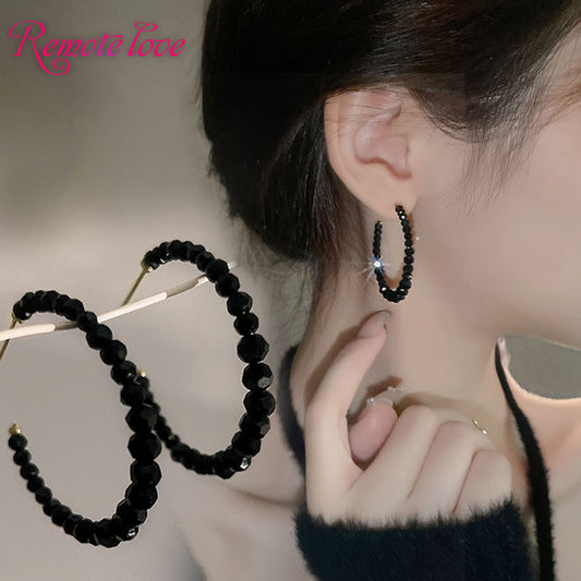 1 Pair Luxury Fashion Women Hoop Earrings High Qualiy Black imitation crystal C-shape Earrings Best Birthday Gift  E1444