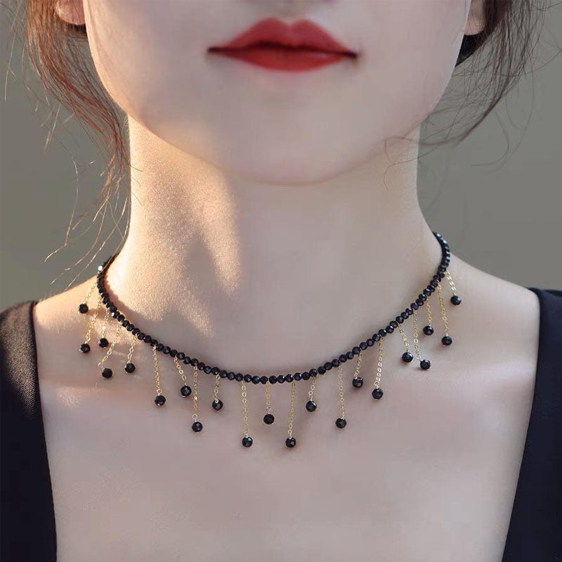 1 Piece Luxury Women Clavicle Chain Quality Black Faux Crystal tassel Necklace Fashion Jewellery Best Birthday Gift N218