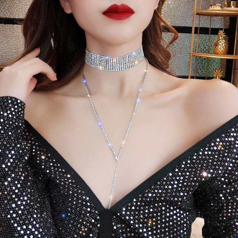 1 Piece Luxury Women Double-deck Necklace Quality Alloy Inlay Rhinestones Long tassel Clavicle Chain Fashion Jewellery Best Birthday Gift N152