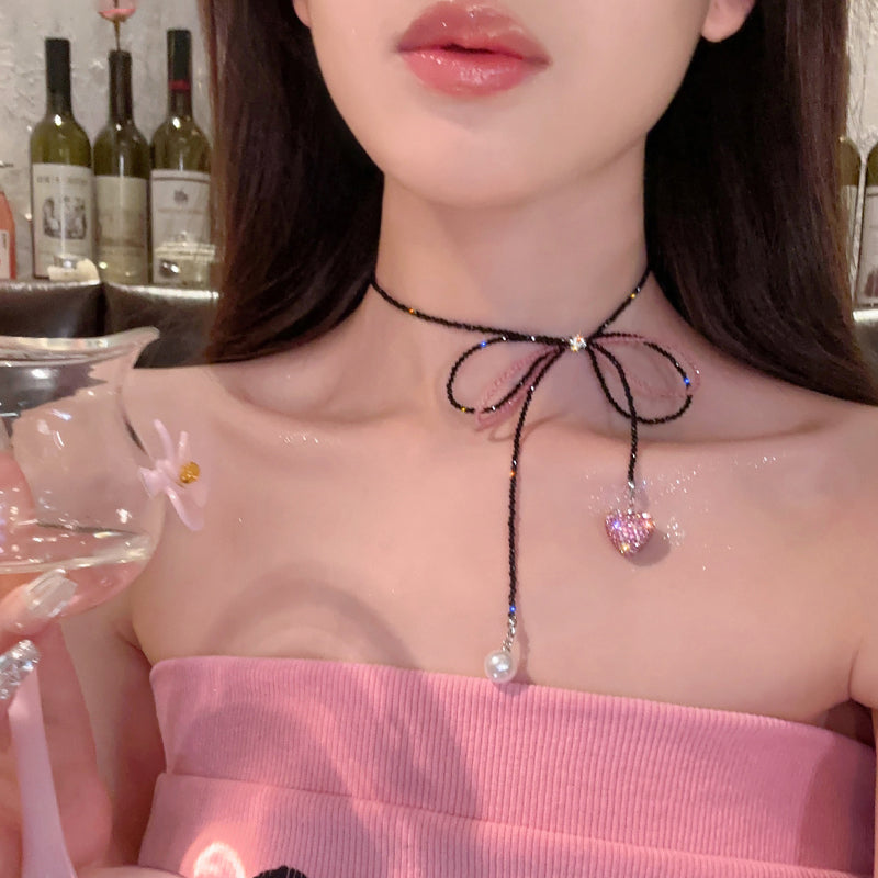 1 Piece Sweet Bowknot Necklace Imitation Crystal Love pendant Elegant Fashion Women Quality Clavicle Chain Best Birthday Gift N205