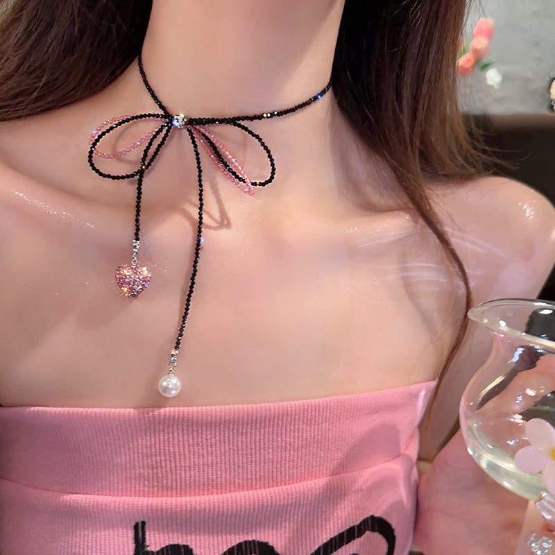 1 Piece Sweet Bowknot Necklace Imitation Crystal Love pendant Elegant Fashion Women Quality Clavicle Chain Best Birthday Gift N205