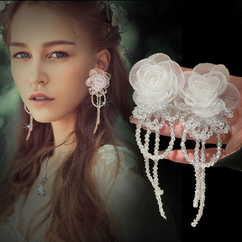 1 Pair Beautiful Fashion Women Gauze Flowers Earings Quality Crystal Tassel Earrings Wonderful Wedding Jewelry E1109