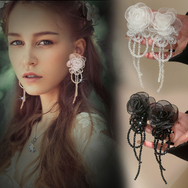 1 Pair Beautiful Fashion Women Gauze Flowers Earings Quality Crystal Tassel Earrings Wonderful Wedding Jewelry E1109