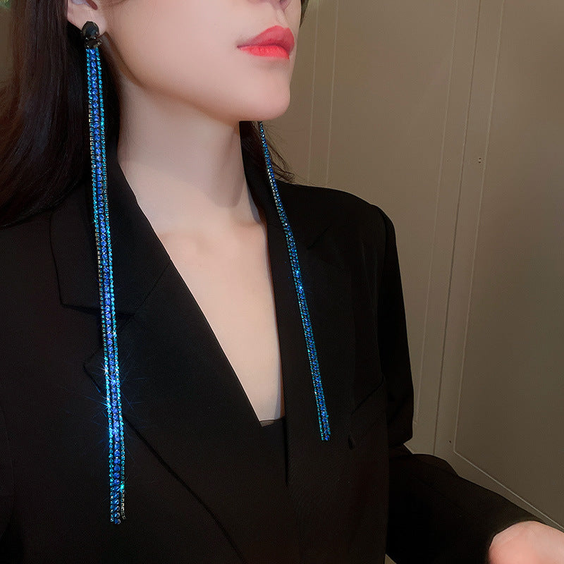 1 Pair Exaggerated Fashion Women Earrings Quality Alloy Inlay Rhinestones Long Tassel Earrings Best Birthday Gift E1646