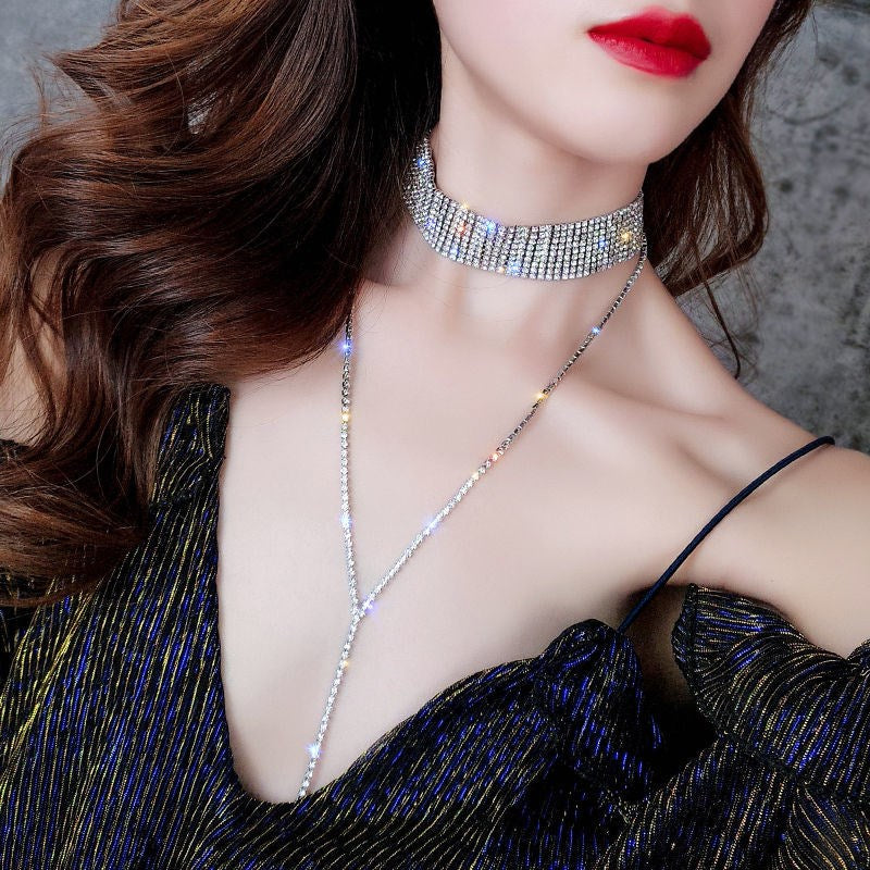 1 Piece Luxury Women Double-deck Necklace Quality Alloy Inlay Rhinestones Long tassel Clavicle Chain Fashion Jewellery Best Birthday Gift N152