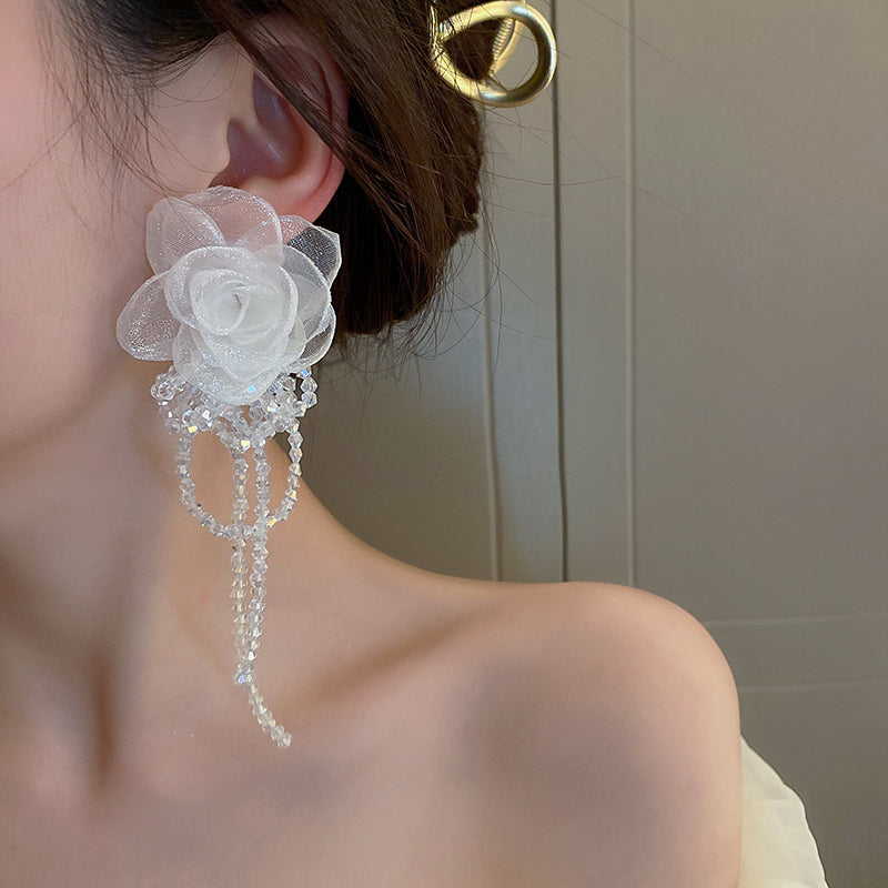 1 Pair Beautiful Fashion Women Gauze Flowers Earings Quality Crystal Tassel Earrings Wonderful Wedding Jewelry E1109