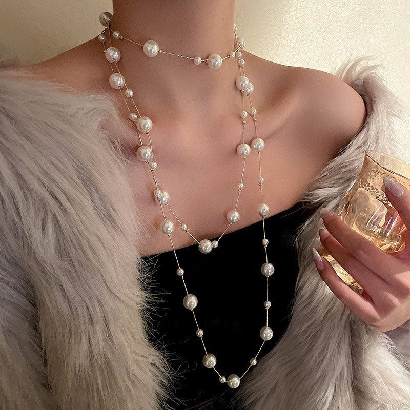 1 Piece Elegant Women Necklace Quality Alloy Faux Pearls Long Necklace Fashion Sweater Chain Best Birthday Gift N173