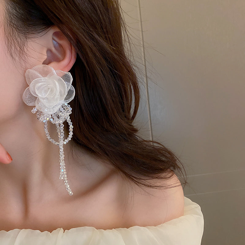 1 Pair Beautiful Fashion Women Gauze Flowers Earings Quality Crystal Tassel Earrings Wonderful Wedding Jewelry E1109