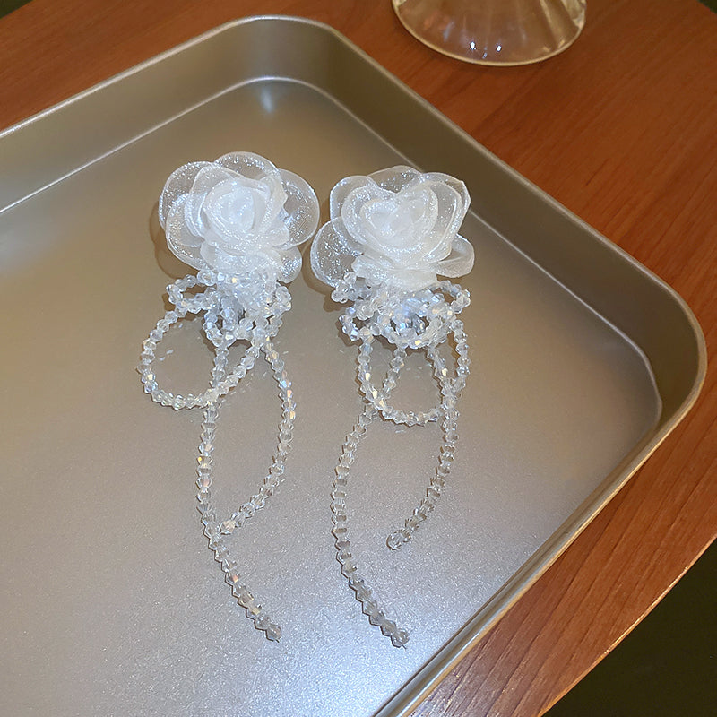 1 Pair Beautiful Fashion Women Gauze Flowers Earings Quality Crystal Tassel Earrings Wonderful Wedding Jewelry E1109