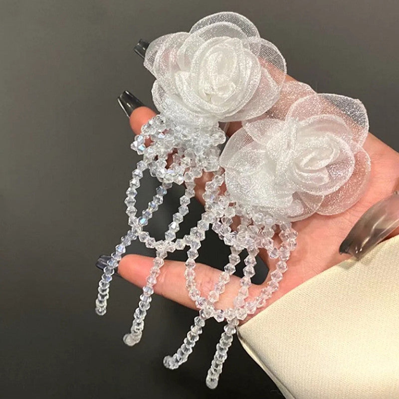 1 Pair Beautiful Fashion Women Gauze Flowers Earings Quality Crystal Tassel Earrings Wonderful Wedding Jewelry E1109