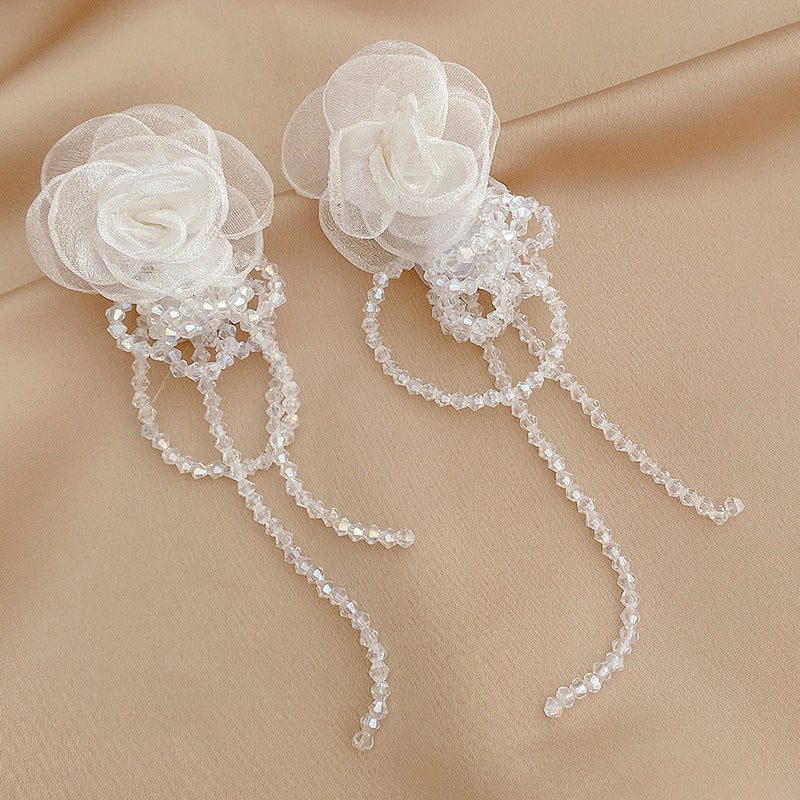 1 Pair Beautiful Fashion Women Gauze Flowers Earings Quality Crystal Tassel Earrings Wonderful Wedding Jewelry E1109