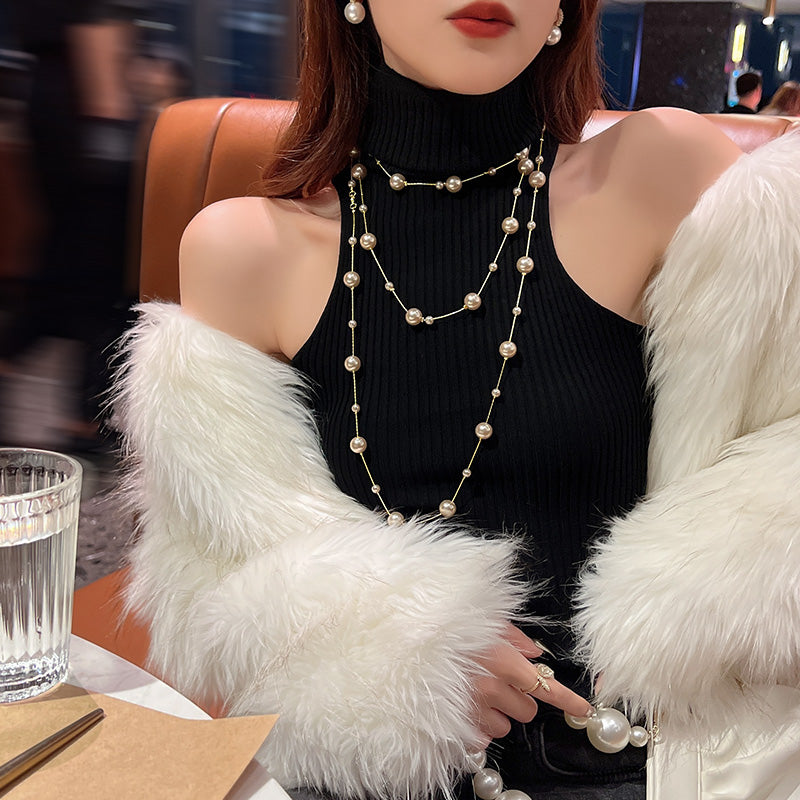 1 Piece Elegant Women Necklace Quality Alloy Faux Pearls Long Necklace Fashion Sweater Chain Best Birthday Gift N173